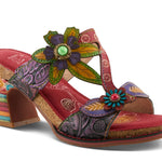 Colorful open-back heel with purple straps, floral designs and rainbow colors toe box