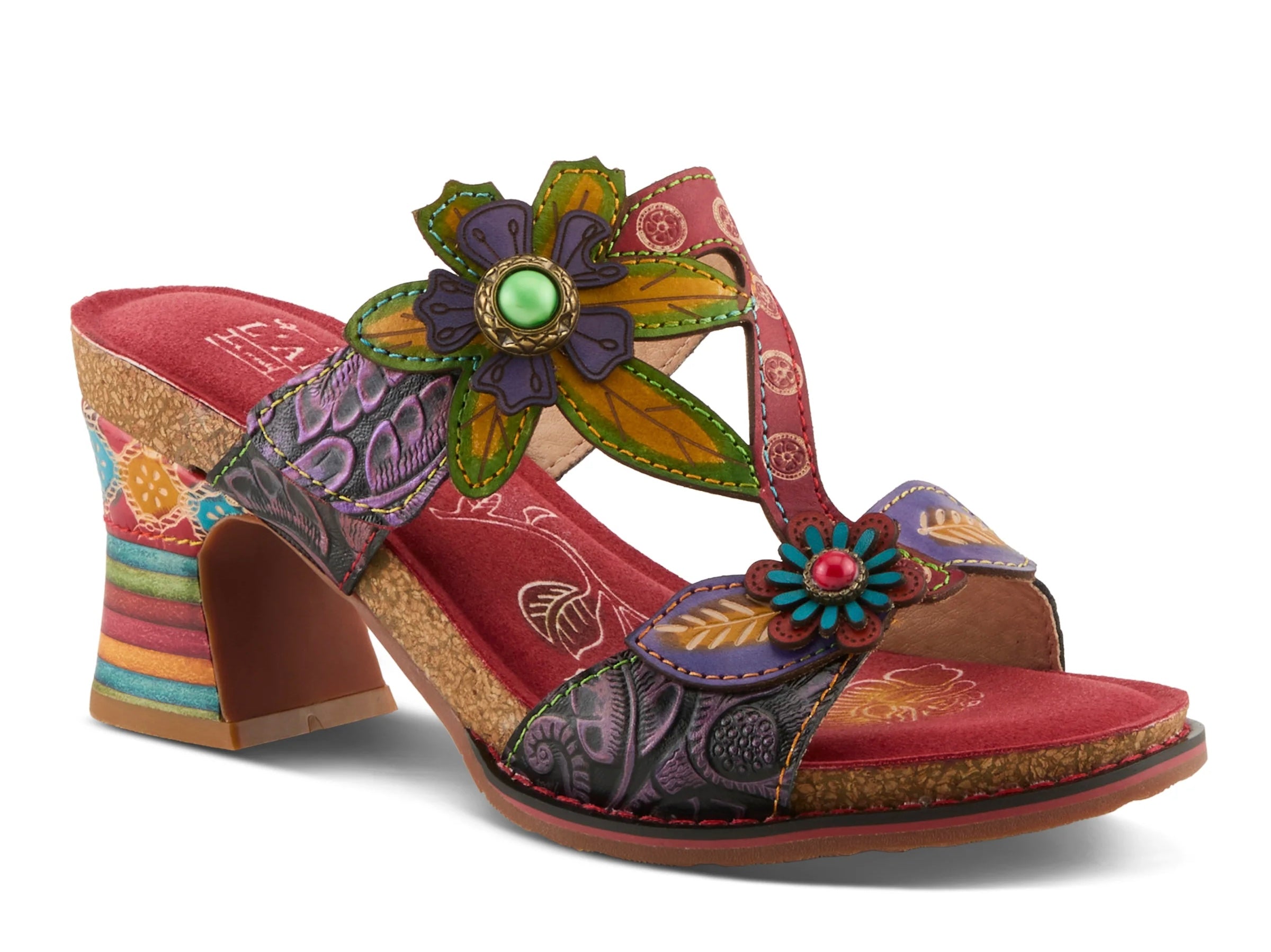 Colorful open-back heel with purple straps, floral designs and rainbow colors toe box