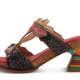 Colorful open-back heel with purple straps, floral designs and rainbow colors side view