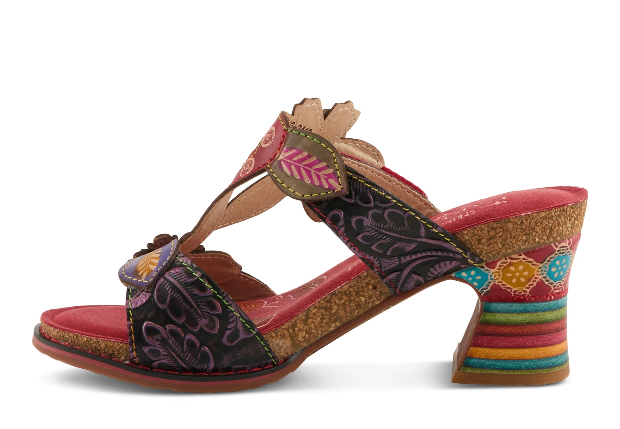 Colorful open-back heel with purple straps, floral designs and rainbow colors side view