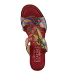 Colorful open-back heel with purple straps, floral designs and rainbow colors top view