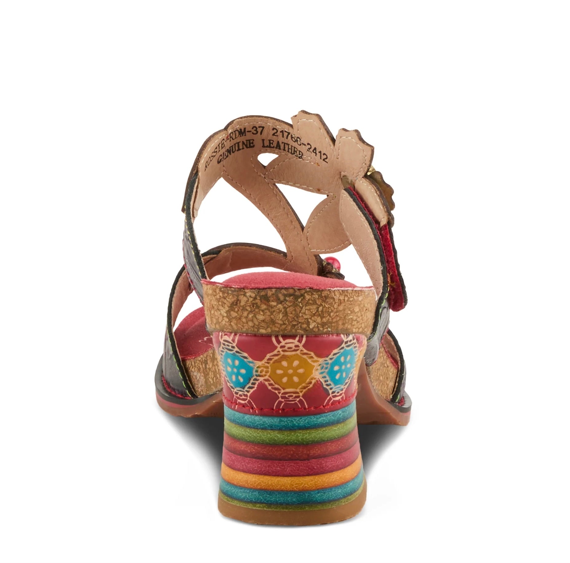 Colorful open-back heel with purple straps, floral designs and rainbow colors heel view