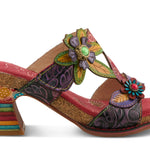 Colorful open-back heel with purple straps, floral designs and rainbow colors close-up