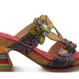 Colorful open-back heel with purple straps, floral designs and rainbow colors close-up