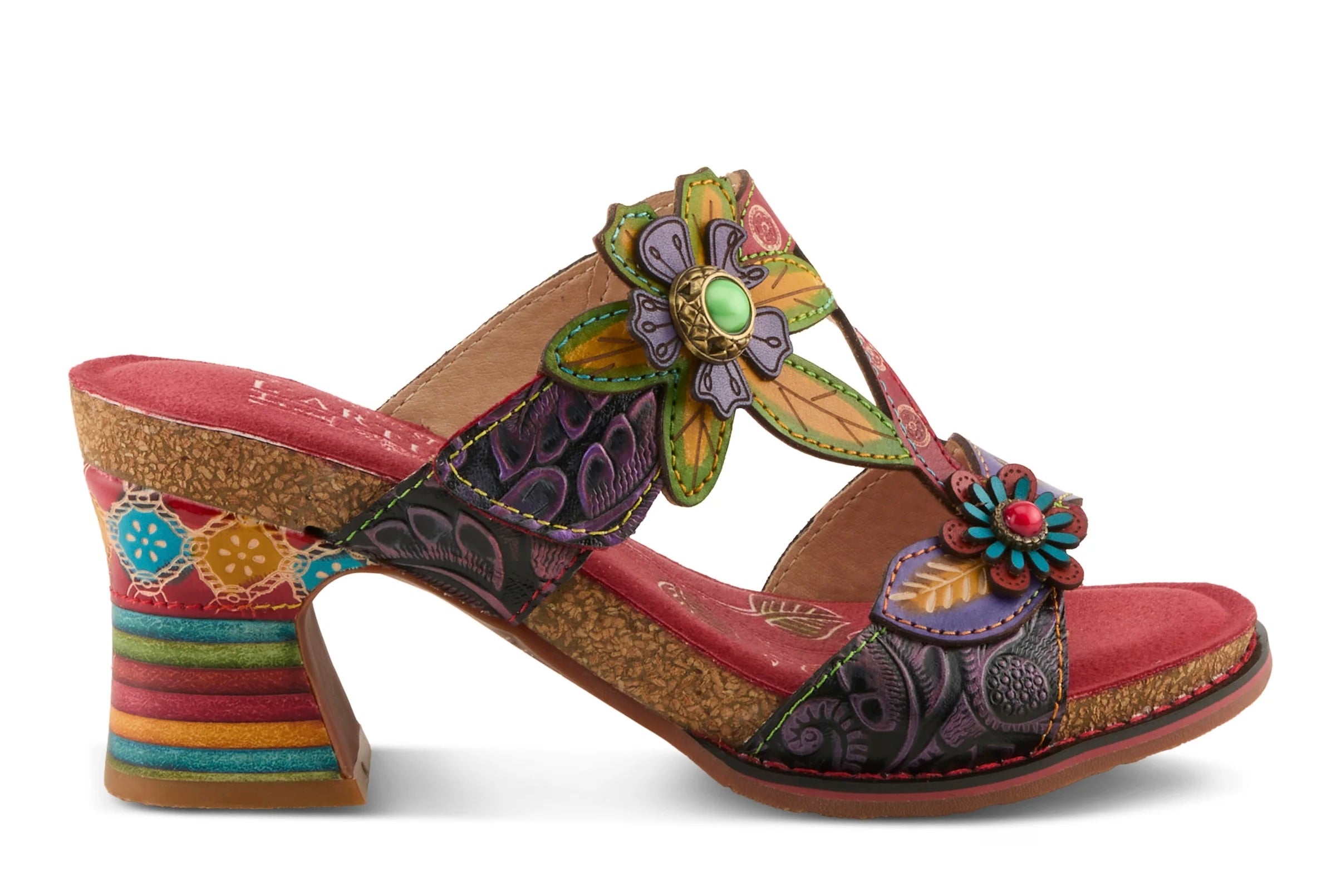 Colorful open-back heel with purple straps, floral designs and rainbow colors close-up
