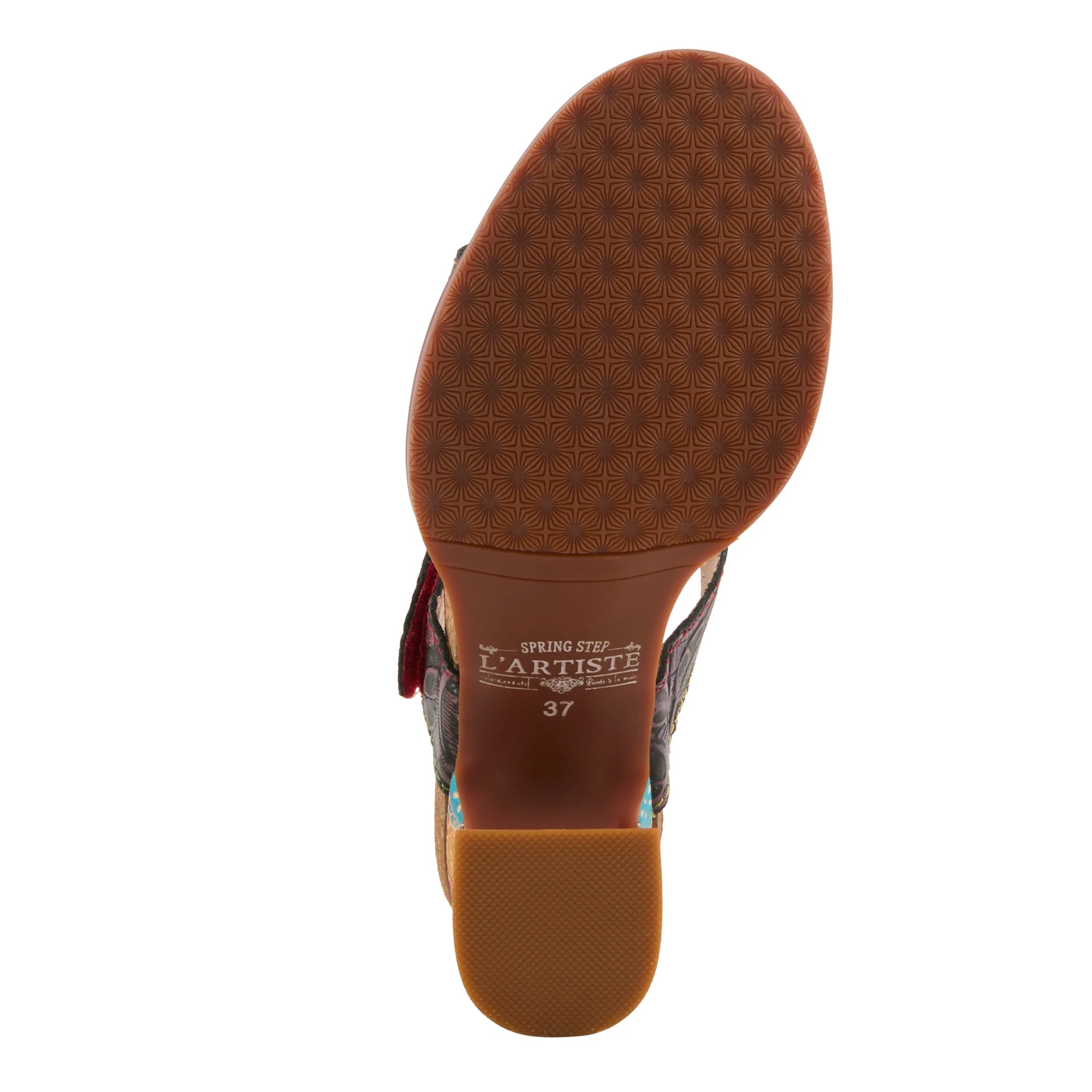 Colorful open-back heel with purple straps, floral designs and rainbow colors bottom view