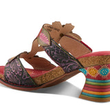 Colorful open-back heel with purple straps, floral designs and rainbow colors inner side view