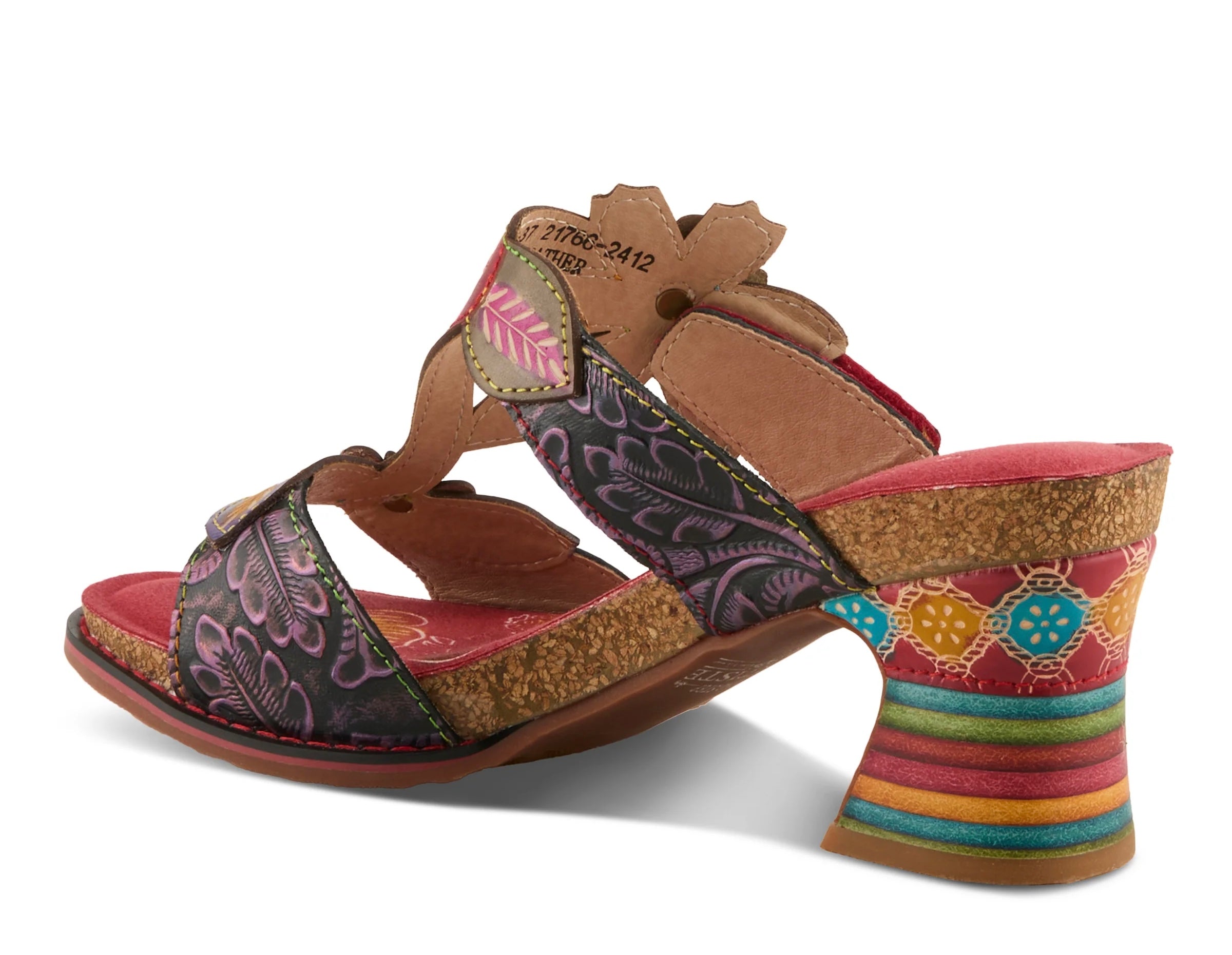 Colorful open-back heel with purple straps, floral designs and rainbow colors inner side view