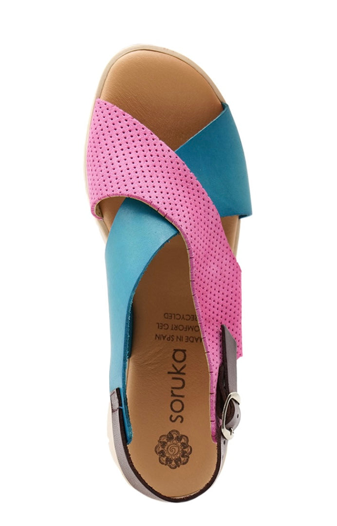 Pink and blue wedge with a beige sole, brown heel strap and buckle closure top view