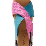 Pink and blue wedge with a beige sole, brown heel strap and buckle closure top view
