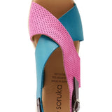 Pink and blue wedge with a beige sole, brown heel strap and buckle closure top view