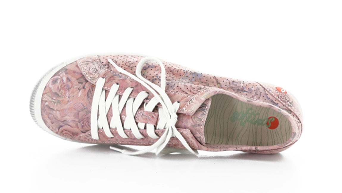 Pink & mauve floral patterned sneaker with white sole top view