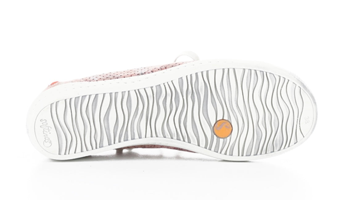 Pink & mauve floral patterned sneaker with white sole bottom view