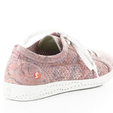 Pink & mauve floral patterned sneaker with white sole heel view