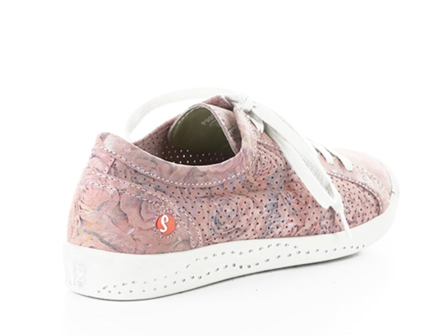 Pink & mauve floral patterned sneaker with white sole heel view