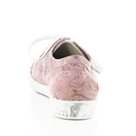 Pink & mauve floral patterned sneaker with white sole rear view
