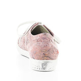 Pink & mauve floral patterned sneaker with white sole rear view