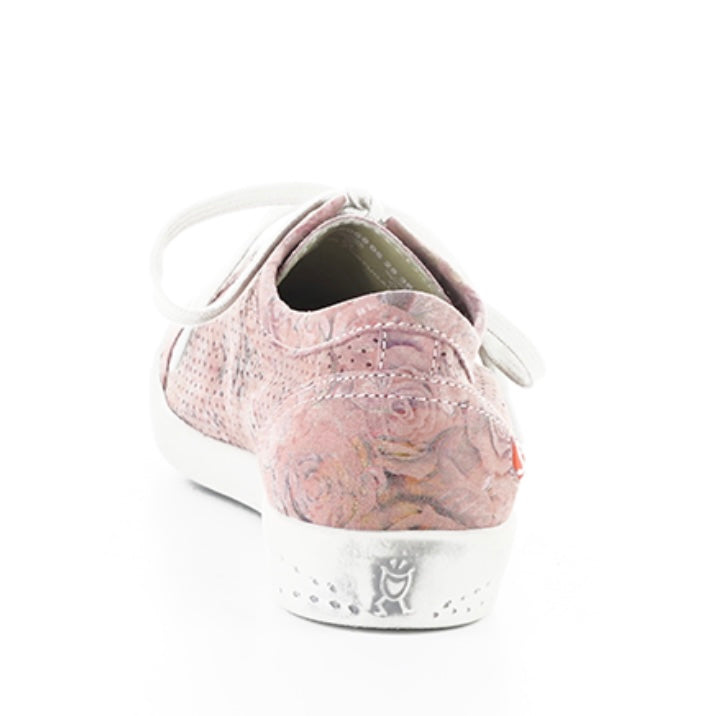 Pink & mauve floral patterned sneaker with white sole rear view