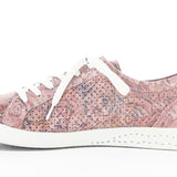 Pink & mauve floral patterned sneaker with white sole side view