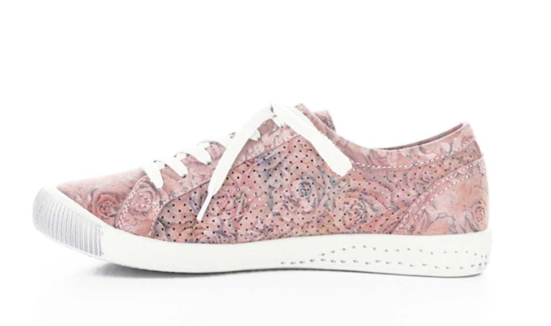 Pink & mauve floral patterned sneaker with white sole side view