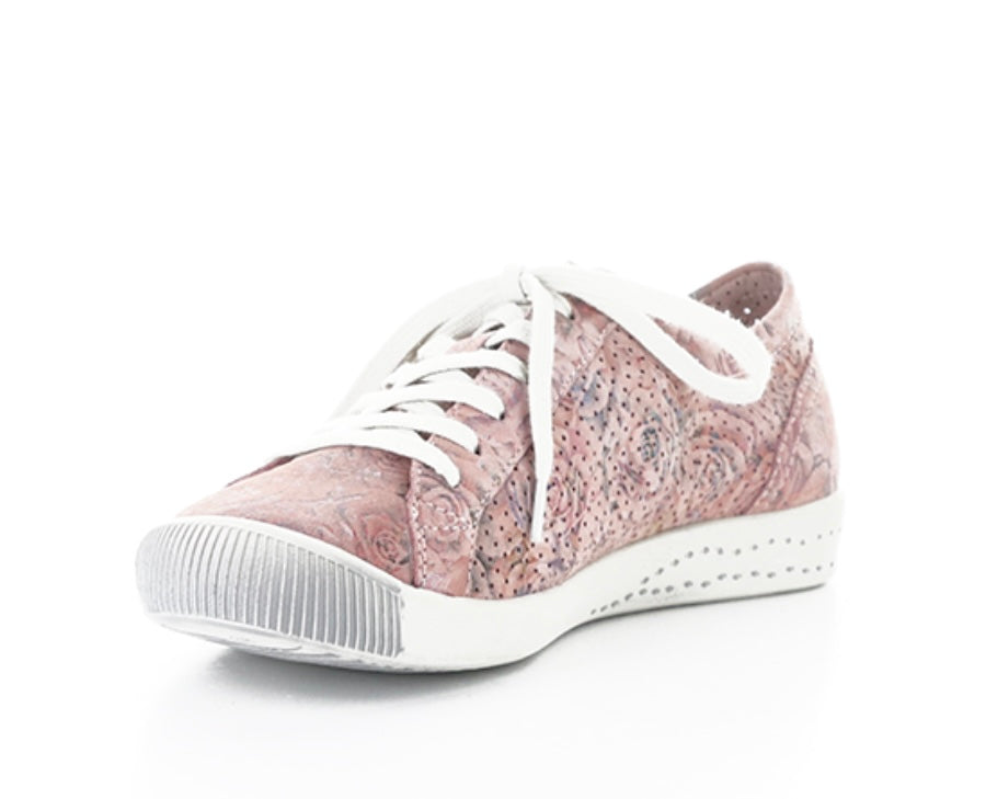Pink & mauve floral patterned sneaker with white sole toe box