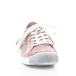 Pink & mauve floral patterned sneaker with white sole front view