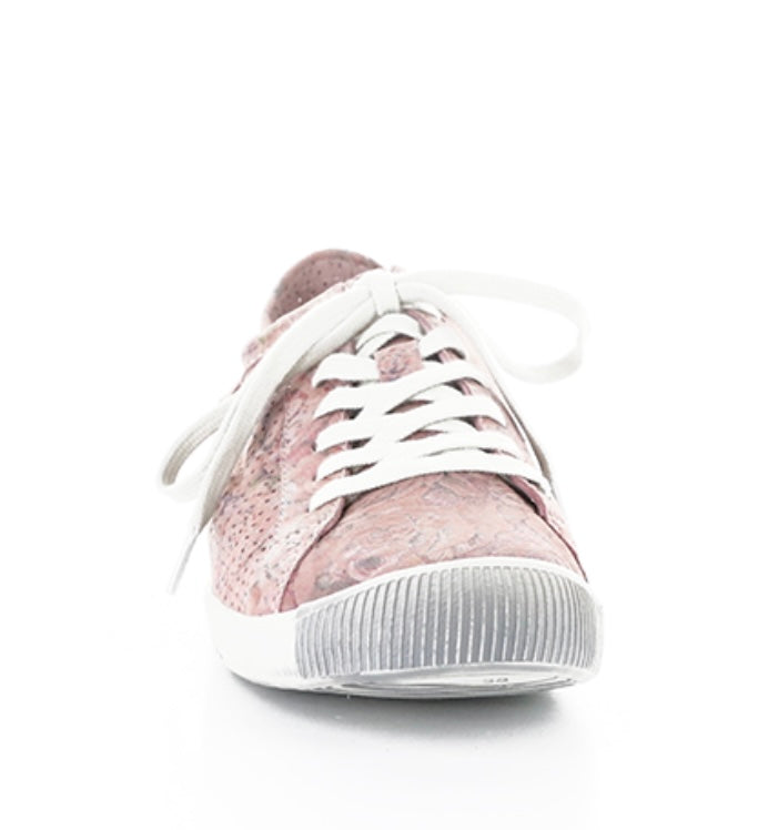 Pink & mauve floral patterned sneaker with white sole front view