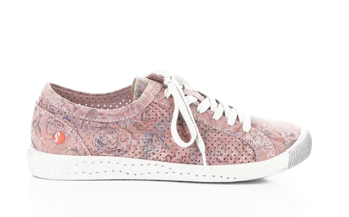 Pink & mauve floral patterned sneaker with white sole close-up