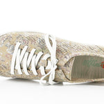 Green & mauve floral patterned sneaker with white sole top view