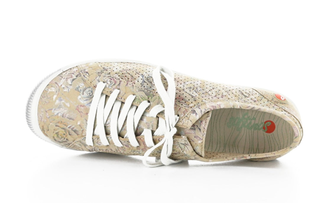 Green & mauve floral patterned sneaker with white sole top view
