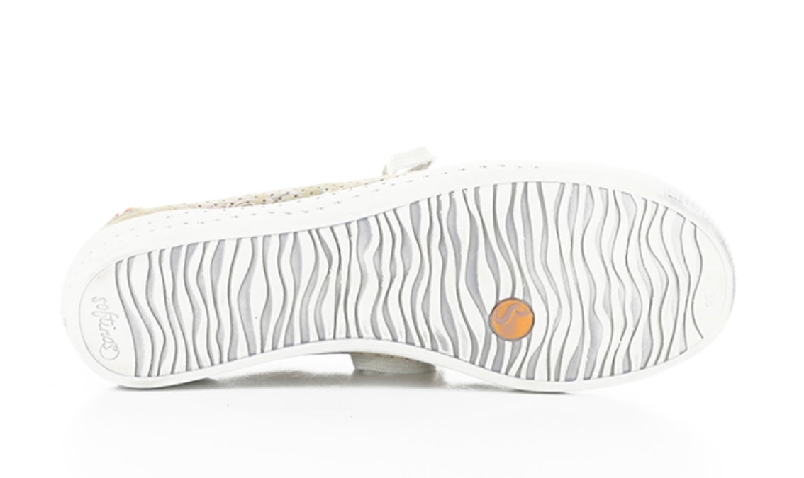 Green & mauve floral patterned sneaker with white sole bottom view