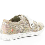 Green & mauve floral patterned sneaker with white sole rear view