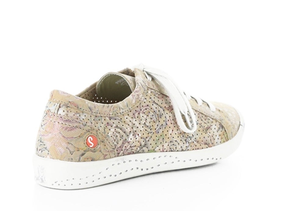 Green & mauve floral patterned sneaker with white sole rear view