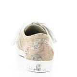 Green & mauve floral patterned sneaker with white sole heel view