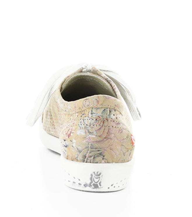 Green & mauve floral patterned sneaker with white sole heel view