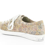 Green & mauve floral patterned sneaker with white sole alternate side view