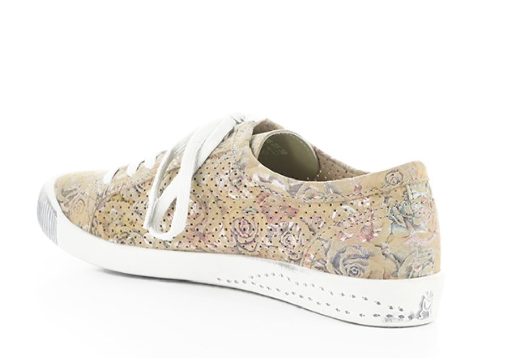 Green & mauve floral patterned sneaker with white sole alternate side view