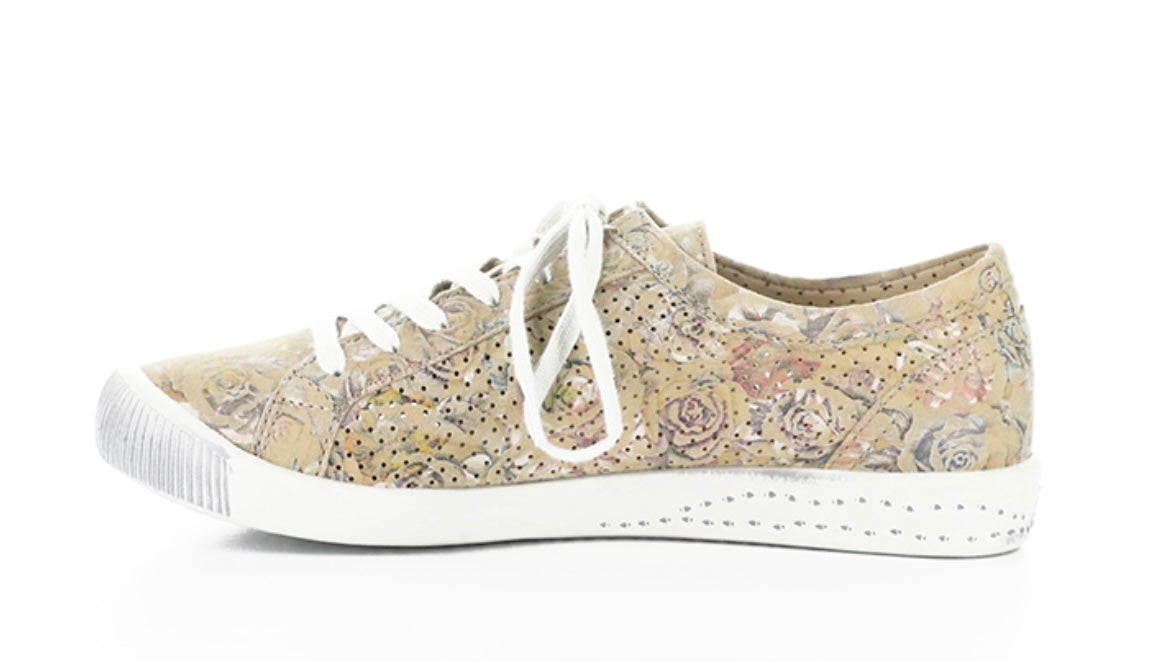 Green & mauve floral patterned sneaker with white sole inner side view