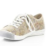 Green & mauve floral patterned sneaker with white sole toe box