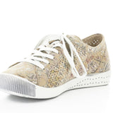 Green & mauve floral patterned sneaker with white sole toe box