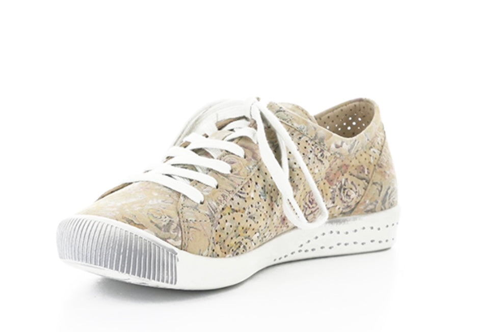 Green & mauve floral patterned sneaker with white sole toe box