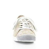 Green & mauve floral patterned sneaker with white sole front view