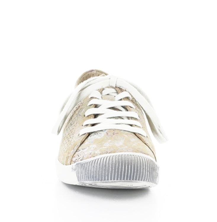 Green & mauve floral patterned sneaker with white sole front view