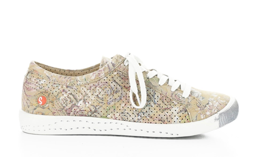 Green & mauve floral patterned sneaker with white sole close-up