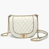 White quilted handbag with gold chain strap close-up