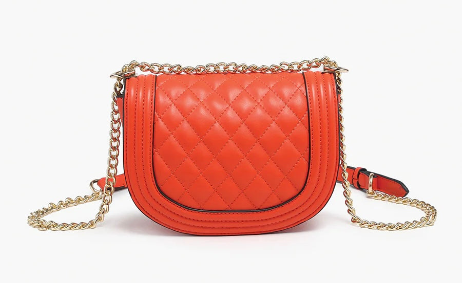 Orange quilted handbag with gold chain strap alt view