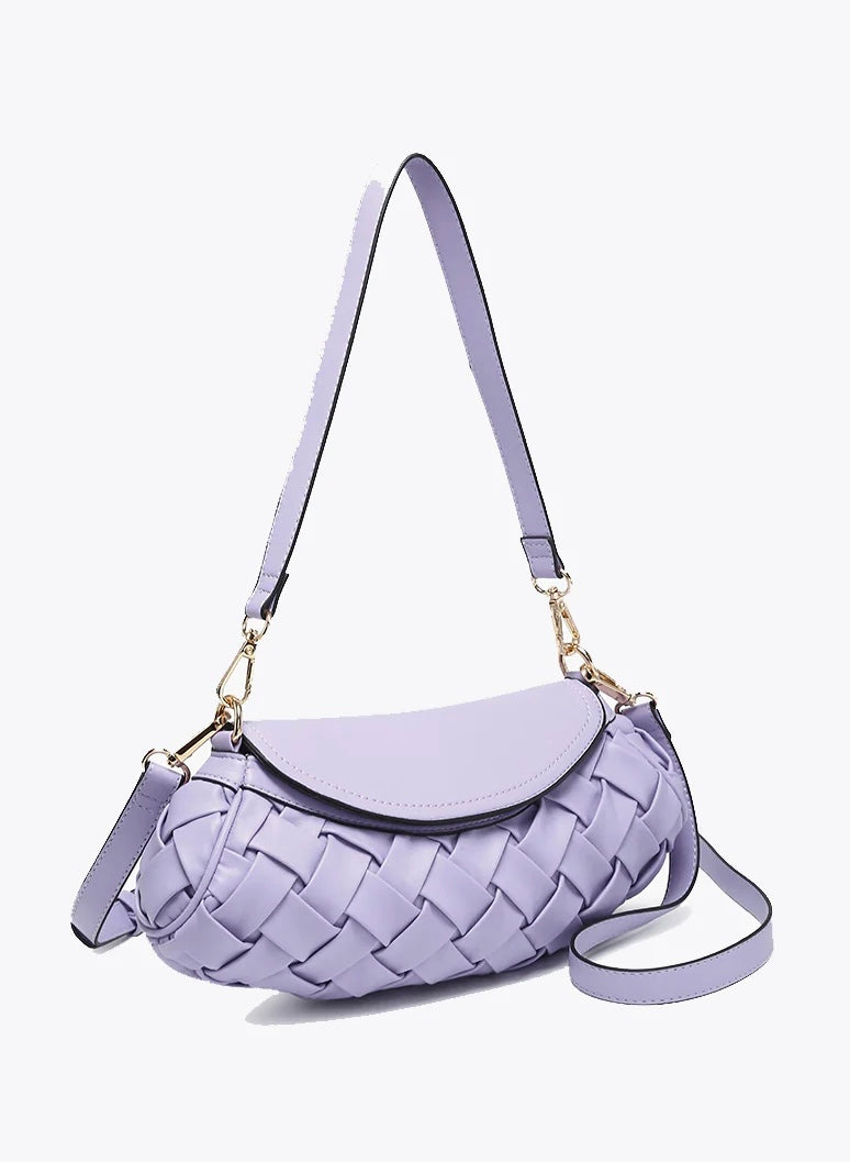 Lavender handbag with woven texture and gold accents side view