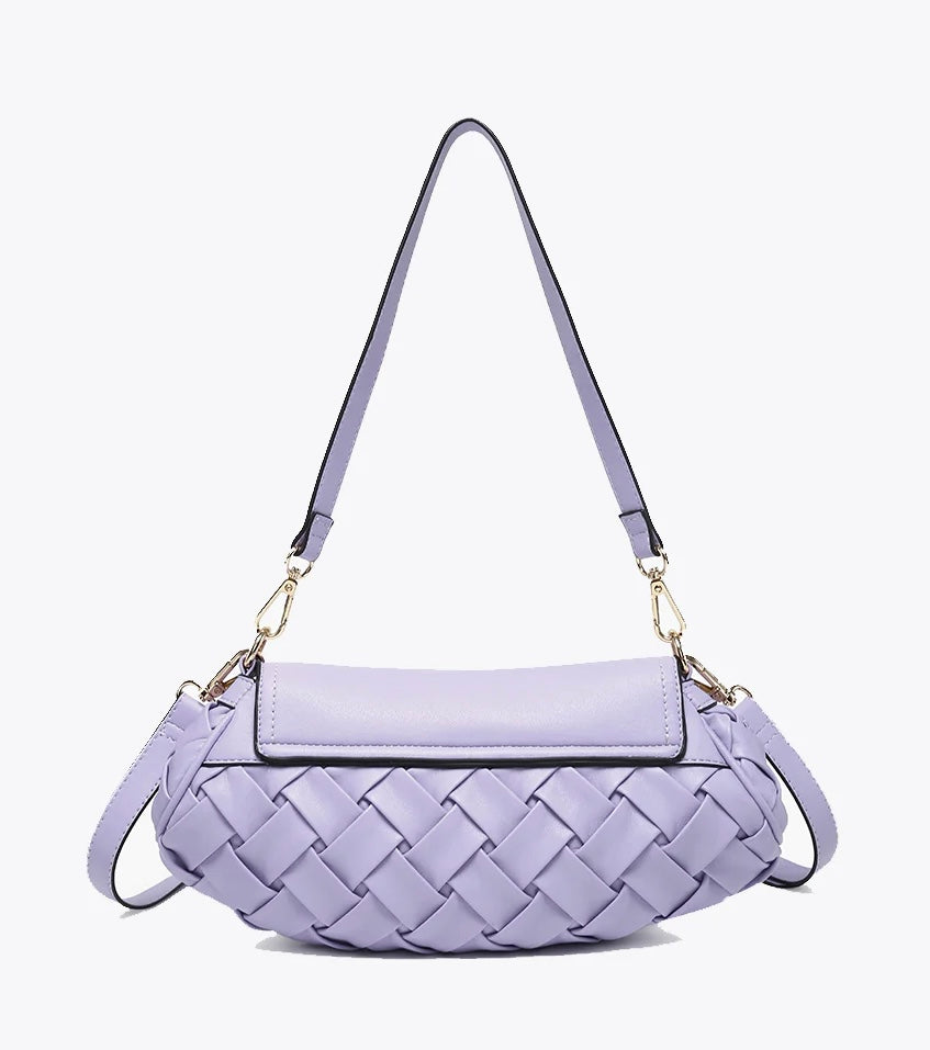 Lavender handbag with woven texture and gold accents front
