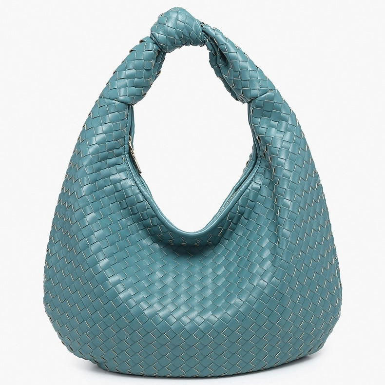 Blue woven handbag alt view