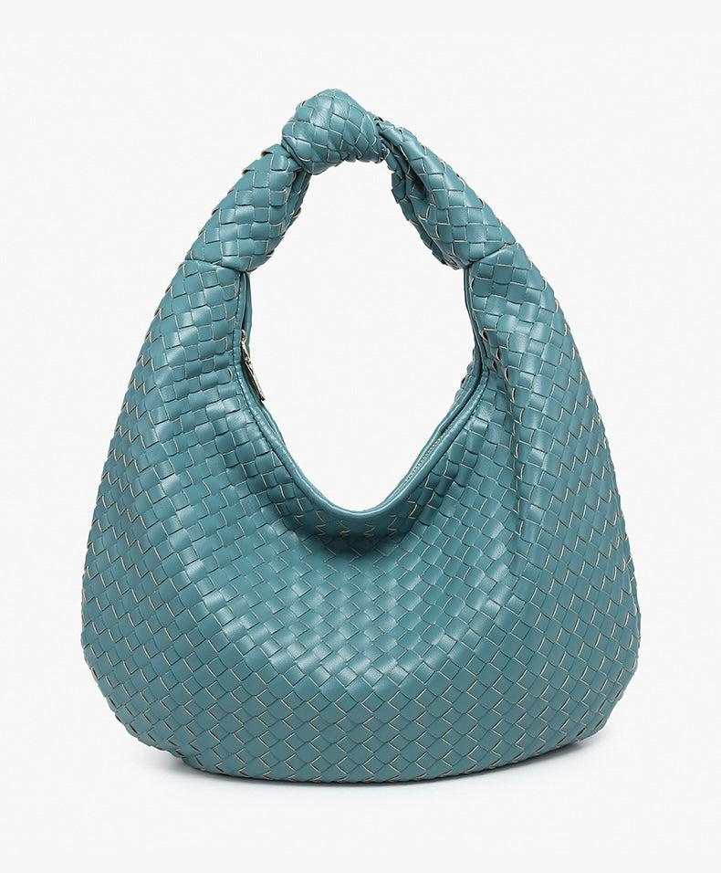 Blue woven handbag alt view